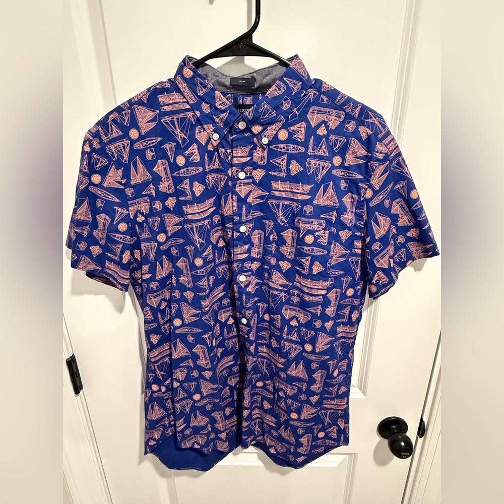 Slim J.Crew Blue and Orange Sailboat Men's Shirt - Large